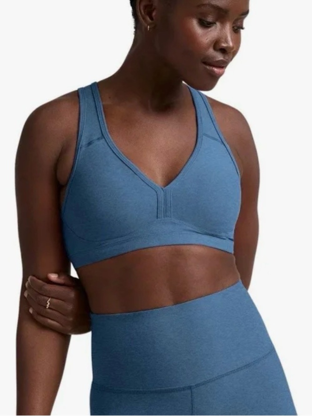 Beyond Yoga sz M Spacedye washed denim lift your spirits Racerback Sports Bra